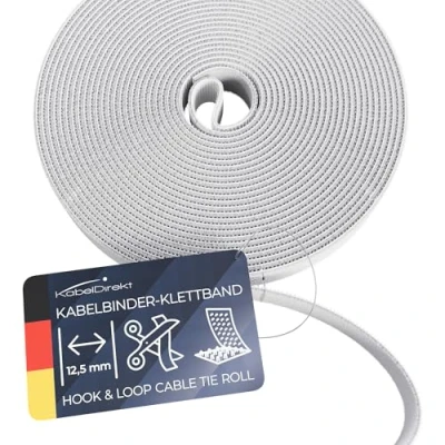 Abbildung von KabelDirekt Kabelbinder Klettband 5 m Rolle, 12,5 mm breit zuschneidbare Klett Rolle/Kabelmanagement mit Klettverschluss (wasserfest, umweltfreundlich, wiederverwendbar weiß)
