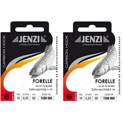 Abbildung von Spar Set: 2 Packungen JENZI gebundene Forellenhaken (20 Stück) r Mono, 60cm Hakengröße 4, 6, 8, 10 &amp; 12 je nach Auswahl + gratis Petri Heill! Aufkleber (Hakengröße 6)