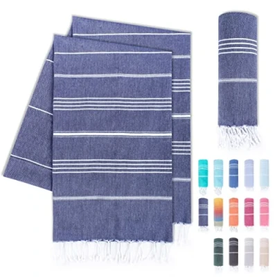 Abbildung von LAYNENBURG 2er Set Premium Hamamtuch mit handgeknüpften Fransen 100% Baumwolle XXL Strandtuch 100x200 cm Oeko TEX 100 Strandhandtuch groß Saunatuch &amp; Reisehandtuch (Marineblau)