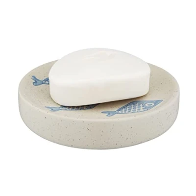 Abbildung von WENKO Seifenablage Mod. Aquamarin, Seifenschale zur Aufbewahrung von Handseife aus edler Keramik in mattem Weiß mit blauer, maritimer Szenerie, handbemalt, Ø 10 x 3 cm