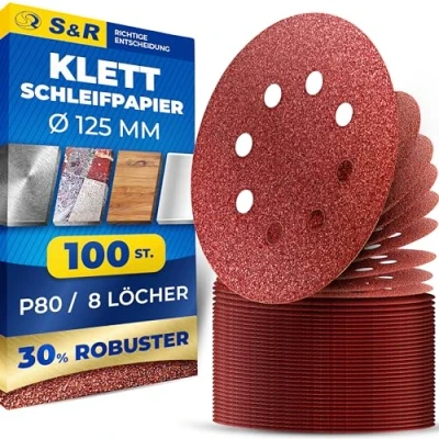 Abbildung von S&amp;R Klett Schleifpapier Set 125 mm, Meister, 8 Löcher, 100 St. in Körnung P80, Schleifblätter, Schleifscheiben für Exzenterschleifer, Klettschleifpapier, zuverlässige Haftung am Schleifteller