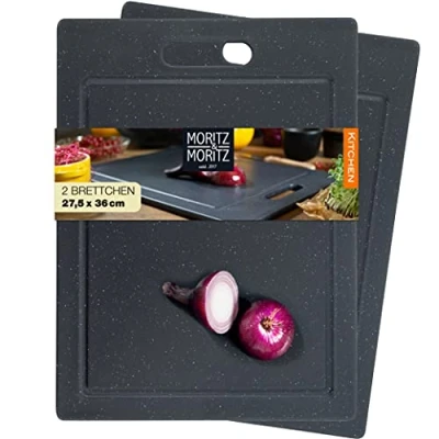 Abbildung von Moritz &amp; 2x Schneidebretter Kunststoff 36 x 27,5 cm BPA frei Küchenbretter Granitoptik Cutting Board mit Antirutschfüßen, Eingriffsöffnung Schneidebrett Saftrille