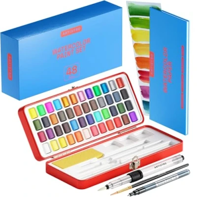 Abbildung von ARTISTRO Aquarellfarben Set 48 Farben in Tragbarer Box, Inklusive Metallic und Fluoreszenzfarben, 2x Pinsel, Aquarellpapier, Acrylstifte, Aquarell für Reisen, Wasserfarben Künstler Hobbymaler