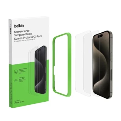 Abbildung von Belkin ScreenForce TemperedGlass antimikrobielle Display Schutzfolie für iPhone 15 Pro, dünn, kristallklar, kratzfest, Positionierungsrahmen Blasenfreie Applikation, 2er Pack, Exklusiv bei Amazon