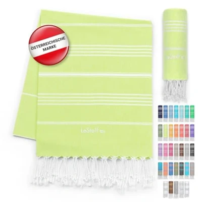 Abbildung von LeStoff Premium Hamamtuch 100% Bio Baumwolle Vorgewaschen, Nachhaltig, Saugstark &amp; Schnelltrocknend Strand, Bade, Dusch, Yoga, Spa Reise Tuch (95 x 180 cm, Lime)