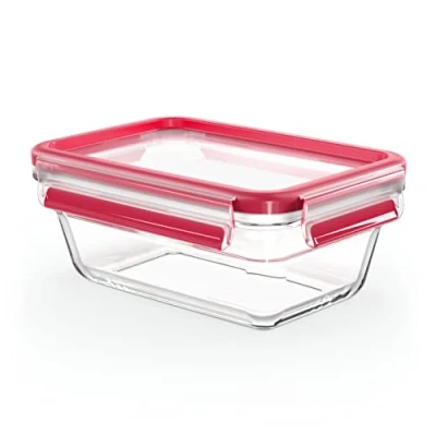 Abbildung von Emsa N10408 Clip &amp; Close Glas Frischhaltedose 0,85 L stapelbar gefrierfest backofenfest mikrowellenfest rutschfestes Stapeln 100% dicht spülmaschinenfest Transparent/Rot