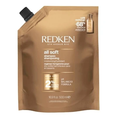Abbildung von Redken Haarshampoo für trockenes und brüchiges Haar, Belebt hydratisiert, Mit Omega 6 Argan Öl, All Soft Shampoo, 1 x 500 ml Nachfüllpack