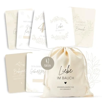 Abbildung von MeinBaby123® Meilensteinkarten Schwangerschaft Meilenstein Karten Set Geschenk zur Fotokarten für die 42 Inkl. hochwertigem Baumwollsäckchen (beige boho)