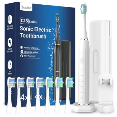 Abbildung von Elektrische Zahnbürste Schallzahnbürste für Erwachsene Whitening Zahnbürsten Elektrisch Mit Reiseetui und Ladestation, Electric Toothbrush 8 Bürstenköpfe, 5 Putzmodi, 40000VPM