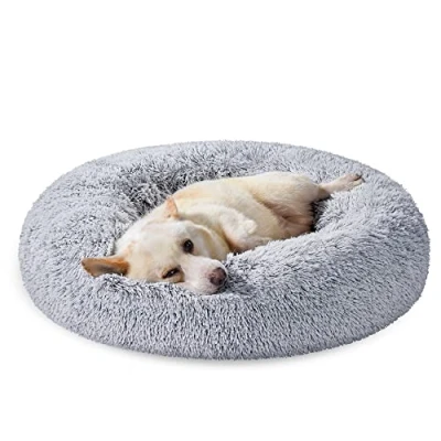 Abbildung von Feandrea Hundebett flauschig, Katzenbett, Donut Kissen, waschbar, Polsterung in der Mitte herausnehmbar, Langer Plüsch, 80 cm Durchmesser, Ombré Grau PGW040G01