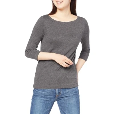 Abbildung von Amazon Essentials Damen T Shirt mit Bateau Ausschnitt und 3/4 Ärmeln in schmaler Passform, Dunkelgrau Meliert, L