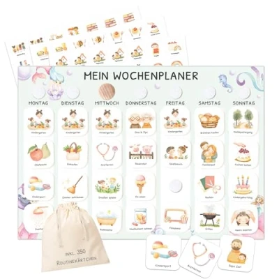 Abbildung von JEKA Wochenplaner Kinder mit Klettpunkten, Montessori Tagesplan 350 Routinekarten visueller Routineplaner für Kinder, Familienplaner mehr Struktur im Alltag (Meerjungfrau)