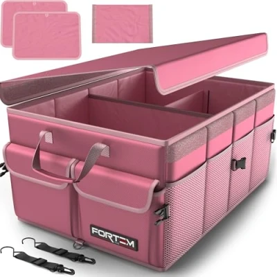 Abbildung von FORTEM Kofferraum Organizer, Kofferraumtasche, Zusammenklappbarer Auto Organizer mit Fächern, Rutschfester Boden, Verstellbare Sicherungsriemen, Klappbarer Deckel (Rosa)