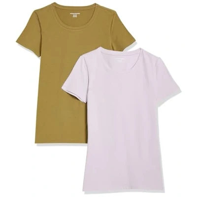 Abbildung von Amazon Essentials Damen T Shirt mit kurzen Ärmeln und Rundhalsausschnitt in normaler Passform, 2er Pack, Lavendel/Olivgrün, XL