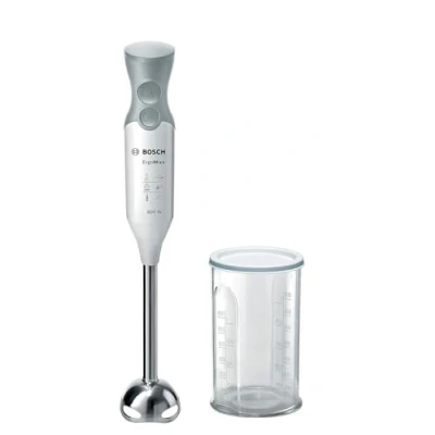 Abbildung von Bosch Stabmixer ErgoMixx MSM66110, Edelstahl Mixfuß, Mix und Messbecher, 2 Geschwindigkeitsstufen, leichtes Gehäuse, 4 Klingen Messer, einfache Reinigung, 600 W, weiß/grau