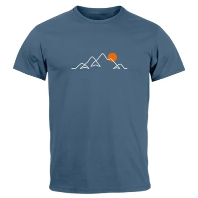 Abbildung von Neverless® Herren T Shirt Frontprint Line Art Berge Wandern Natur Outdoor Fashion Streetstyle Denim Blue M