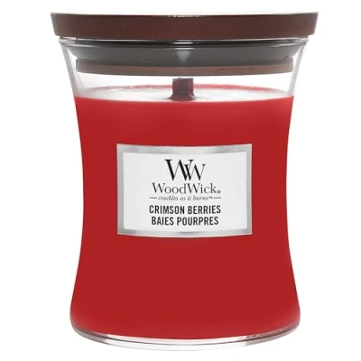 Abbildung von WoodWick Mini Duftkerze im Sanduhrglas mit knisterndem Docht Crimson Berries Brenndauer bis zu 20 Stunden
