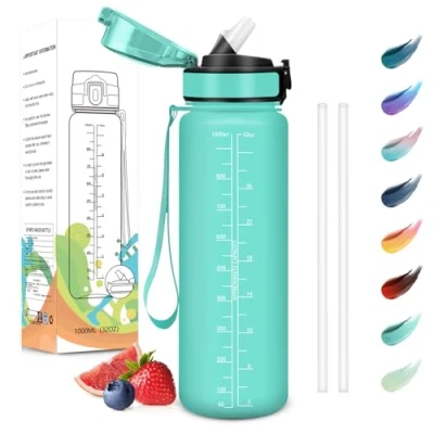Abbildung von Motswedi Trinkflasche, 1L BPA Frei, Trinkflasche mit Strohhalm, Kohlensäure Geeignet,Trinkflasche Sport, Auslaufsicher, Wasserflasche, Sport für Yoga, Gym, Schule, Outdoors, Blaugrün