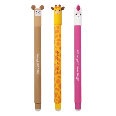 Abbildung von EBERHARD FABER 599039 Tintenroller radierbar, 3 Animal Erase it Stifte, Affe, Giraffe, Einhorn, Gelschreiber blau 0,7 mm