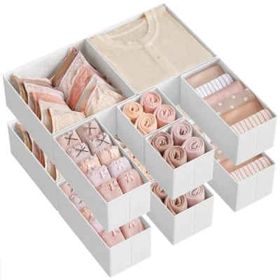 Abbildung von SONGMICS Aufbewahrungsbox für Schublade, 6er Set, Schubladen Organizer, Faltbox, Unterwäsche Stoffbox Socken, Unterwäsche, BHs, Krawatten und Schals, wolkenweiß RDZ006W01