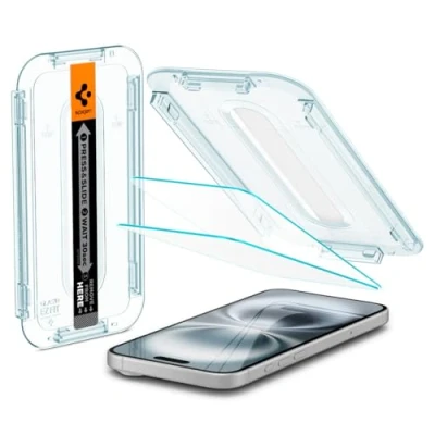 Abbildung von Spigen Glas.tR EZ Fit Schutzfolie kompatibel mit iPhone 16 Plus, 15 2 Stück, Kratzfest, 9H Härte Folie