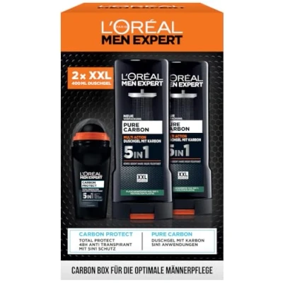 Abbildung von L&#039;Oréal Men Expert Pflegeset für Männer, Geschenkset mit XXL 5 in 1 Duschgel und Deoroller, Geschenk Herren inklusive Bodywash Deo Roll On Karbon, Pure Carbon, 2 x 400 ml, 50 ml