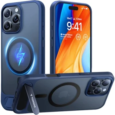 Abbildung von TORRAS für iPhone 16 Pro Hülle MagSafe mit Titan Flügelständer Zertifizierte Magnetkraft Militärschutz Handyhülle Case Stoßfest Kratzfest Hardcase Handy Matt Blau