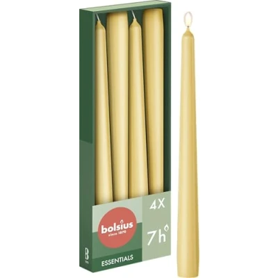 Abbildung von Bolsius Glatte Spitzkerzen Beige Set 4 Stück im Karton Dekorative Haushaltkerzen Brenndauer 7 Stunden Unparfümierte Natürliches Pflanzenwachts Ohne Palmöl 24,5 cm