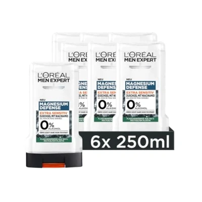 Abbildung von L&#039;Oréal Men Expert Sensitiv Duschgel und Shampoo für Männer, Duschbad Körper, Haar Gesicht, Herren Körperpflege empfindliche Haut mit Niacinamid ohne Alkohol, Magnesium Defense, 6 x 250 ml