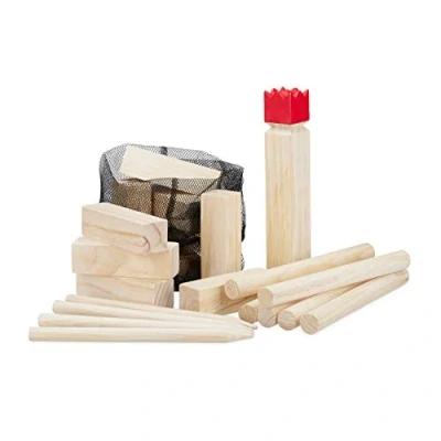 Abbildung von Relaxdays Wikinger Wurfspiel aus Kiefernholz, Natur Kubb Wikingerspiel, roter König, groß, Gartenspielzeug mit Tasche