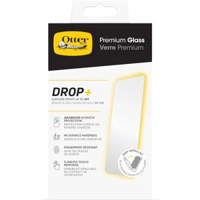 Abbildung von OtterBox Premium Glass Displayschutz für iPhone 15 Pro, gehärtetes Glas, hervorragender Kratzschutz, übersteht Stürze bis zu 0,9m