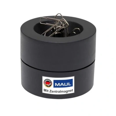 Abbildung von Maul Klammernspender MAULpro Ø7,3x6cm Schreibtisch Organizer für Büroklammern Zubehör mit Magnet Büro Inklusive 15 Klammern Stilvoller Büroklammernspender Schwarz