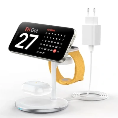Abbildung von 3 in 1 induktive Ladestation für mehrere Geräte,15W schnell Mag Safe iPhone 15 14,Mag Ladegerät iWatch Ultra 2/1/Series 9/8,AirPods,Weiss