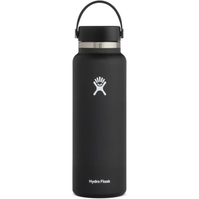 Abbildung von HYDRO FLASK Trinkflasche 1180ml (40oz) Isolierte Wasserflasche aus Edelstahl Sportflasche mit auslaufsicherem Flex Cap Deckel &amp; Gurt Thermoflasche Spülmaschinenfest Größe Öffnung Black