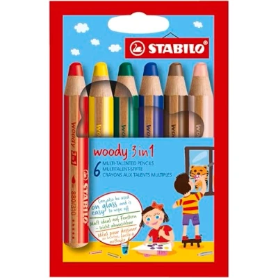 Abbildung von Buntstift, Wasserfarbe &amp; Wachsmalkreide STABILO woody 3 in 1 18er Pack mit Spitzer und Pinsel 18 verschiedenen Farben