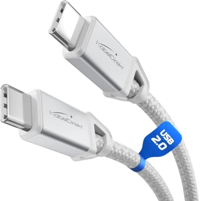 Abbildung von KabelDirekt USB C Kabel zum Schnellladen, bruchfeste Metallstecker + Nylon Braiding, 2.0 1 m (lädt Handys/Laptops mit 60W, höchst robust, funktioniert als Ladekabel/Datenkabel, weiß)
