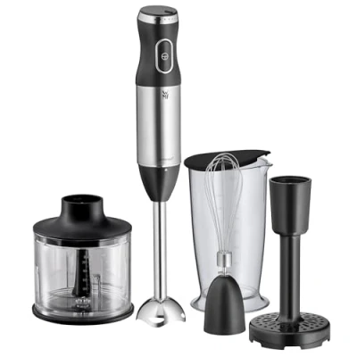 Abbildung von WMF Kult X Stabmixer Set 5 teilig, Pürierstab, Schneebesen, Stampfer, Zerkleinerer, 600 Watt, Zauberstab inkl. 700ml Mixbehälter, edelstahl matt