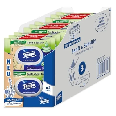 Abbildung von Tempo Toilettenpapier, feucht, sanftundsensitiv Trio Pack (18 Packungen x je 42 Blatt), Großpackung, 1 kg