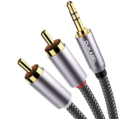 Abbildung von DuKabel Chinch auf Klinke 3,5 Cinch Kabel 3.5mm zu 2 Stereo RCA Stecker HiFi Audio Aux mit Nylon Mantel, Metall Gerhäuse und 24K vergoldeter Kontakte Top Series 1.2m