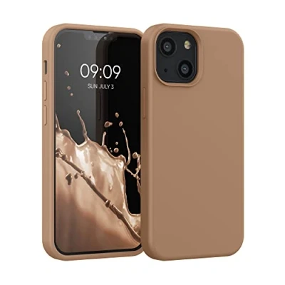 Abbildung von kwmobile Hülle kompatibel mit Apple iPhone 13 Mini Silikon Handy Case Handyhülle weiche Oberfläche kabelloses Laden Cappuccino