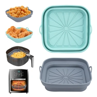 Abbildung von Alyvisun Silikonform für Heißluftfritteuse 2 Stück Airfryer Silikon Backform Wiederverwendbar Silikoneinsatz Zubehör Quadratisch Silikonmatte Pot Liner Air Fryer, Mikrowelle, Ofen, Blau+Grau
