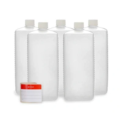 Abbildung von Octopus 5X 1000 ml Kunststoffflaschen, HDPE Plastikflaschen mit weißen Schraubverschlüssen, Leerflaschen Schraubdeckeln, Vierkantflaschen inkl. Beschriftungsetiketten