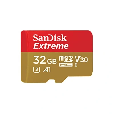 Abbildung von SanDisk Extreme 32 GB microSDHC Memory Card + SD Adapter with A1 App Performance Rescue Pro Deluxe, Up to 100 MB/s, Class 10, UHS I, U3, V30, Red/Gold
