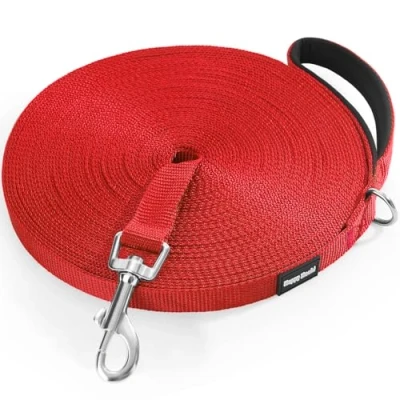 Abbildung von HAPPY HACHI Schleppleine für Hunde, 3m /5m /10m /15m /20m /33m Nylon Hundeleine mit Robuste &amp; Wetterfeste, Trainingsleine D Karabiner und Griffpolster Große bis Kleine Hunde (10m, Red)