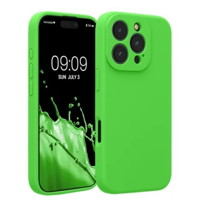 Abbildung von kwmobile Handyhülle kompatibel mit Apple iPhone 16 Pro Hülle gummierte Handy Case aus Silikon in Limettengrün