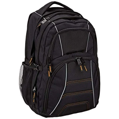 Abbildung von Amazon Basics, Laptop Rucksack mit gepolsterten Schulterriemen und Aufbewahrungsfächern für Stifte, Schlüssel, Handy, geeignet die meisten Laptops bis zu,17 Zoll, Schwarz