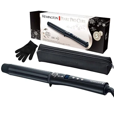 Abbildung von Remington Lockenstab große Locken [32mm] Pearl Digital (Keramikbeschichtung mit echten Perlen) LCD Display 130 210C, inkl. Hitzehandschuh, sanfte Wellen feines bis kräftiges Haar, Schwarz, CI9533