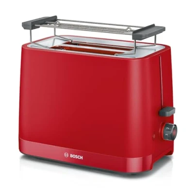 Abbildung von Bosch Kompakt Toaster MyMoment TAT3M124, entnehmbarer klappbarer Brötchenaufsatz, mit Auftaufunktion, Abschaltautomatik, Liftfunktion, Brotzentrierung, ideal für 2 Scheiben, 800 Watt, Rot matt