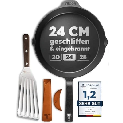 Abbildung von TECOR Gusseisenpfanne induktion 24 cm geschliffen, universell, natürlich Langlebige Pfanne Gusseisen Antihaft Gusspfanne einfach, top Qualität Cast iron pan induction