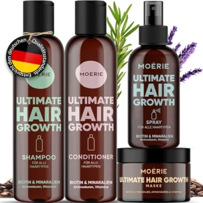 Abbildung von MOERIE Shampoo Set gegen Haarausfall, Conditioner, Haarwachstum Serum &amp; Haarmaske natürlich beschleunigen Veganes Haarwuchsmittel Frauen Männer 77 Mineralien (4er Set)